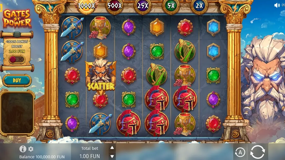 Tampilan visual slot Gates of Power dengan latar belakang Gunung Olympus dan Zeus