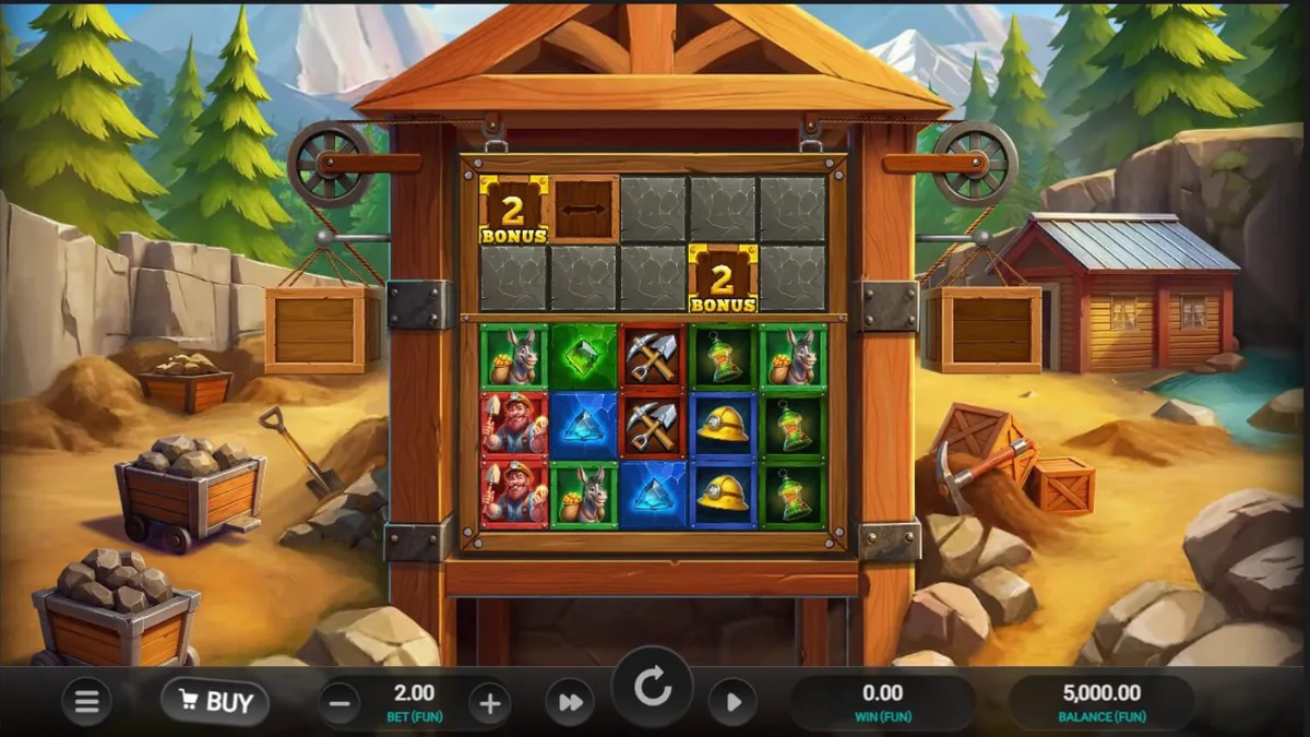 Tampilan visual slot Digger's Dough dengan tema pertambangan kartun