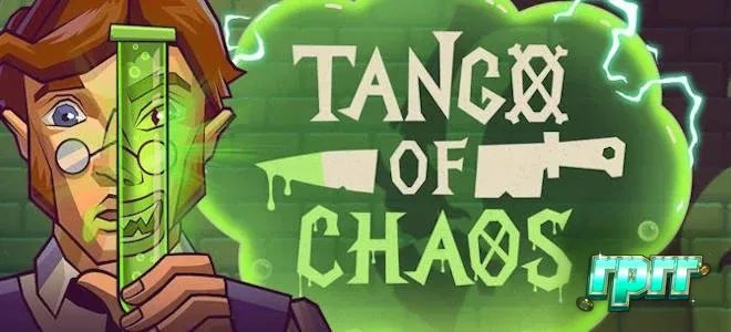Tampilan visual slot Tango of Chaos dengan elemen laboratorium yang penuh warna