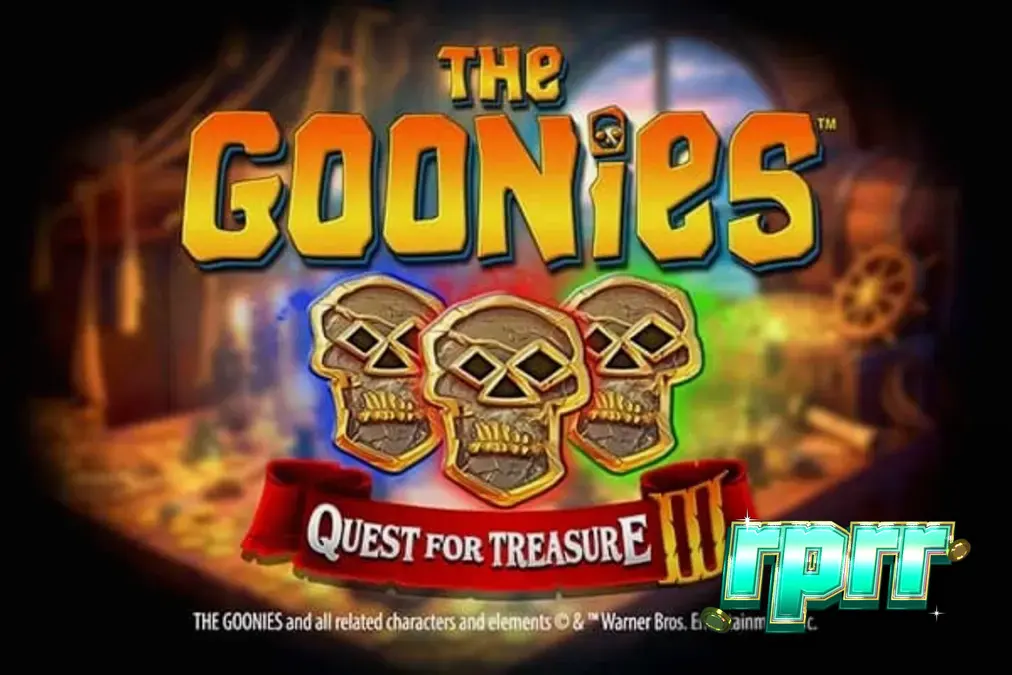 The Goonies Quest for Treasure 3 slot game interface featuring iconic characters and treasure map theme.